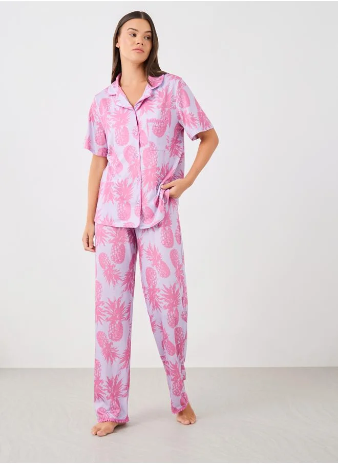 Styli Styli All-Over Pineapple Print Pompom Pocket Shirt and Pyjama Set
