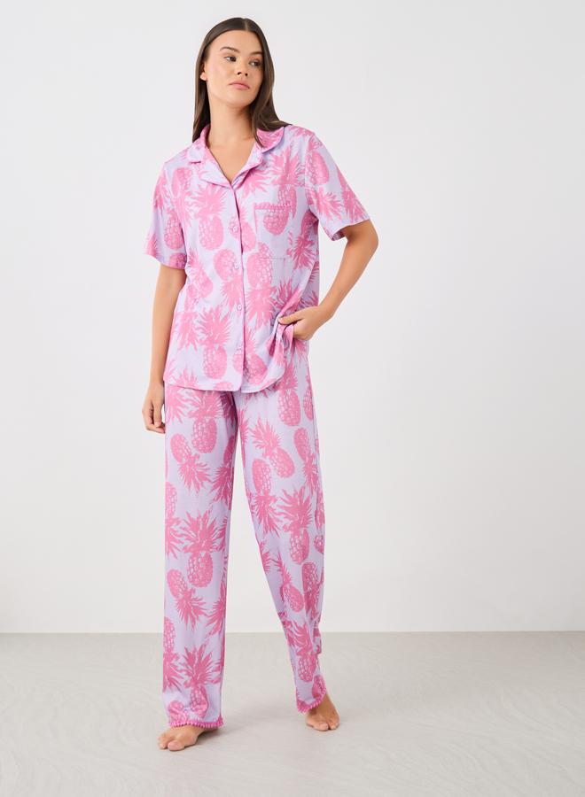 Styli Styli All-Over Pineapple Print Pompom Pocket Shirt and Pyjama Set  - Image 2