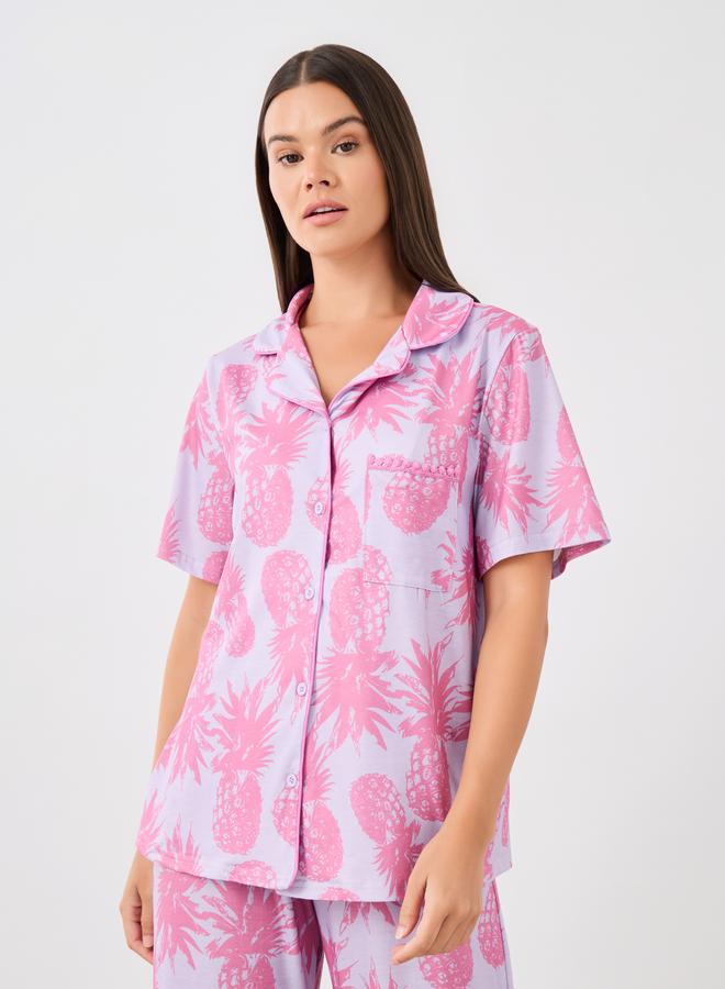 Styli Styli All-Over Pineapple Print Pompom Pocket Shirt and Pyjama Set  - Image 3