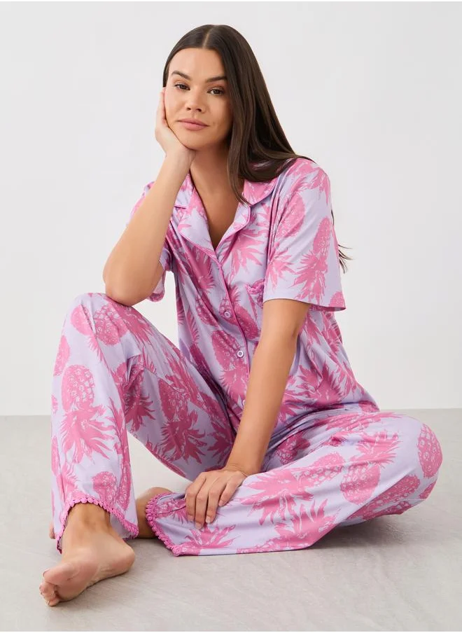 Styli Styli All-Over Pineapple Print Pompom Pocket Shirt and Pyjama Set