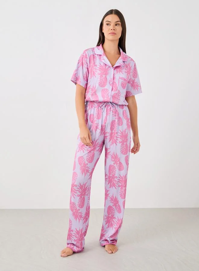 Styli Styli All-Over Pineapple Print Pompom Pocket Shirt and Pyjama Set