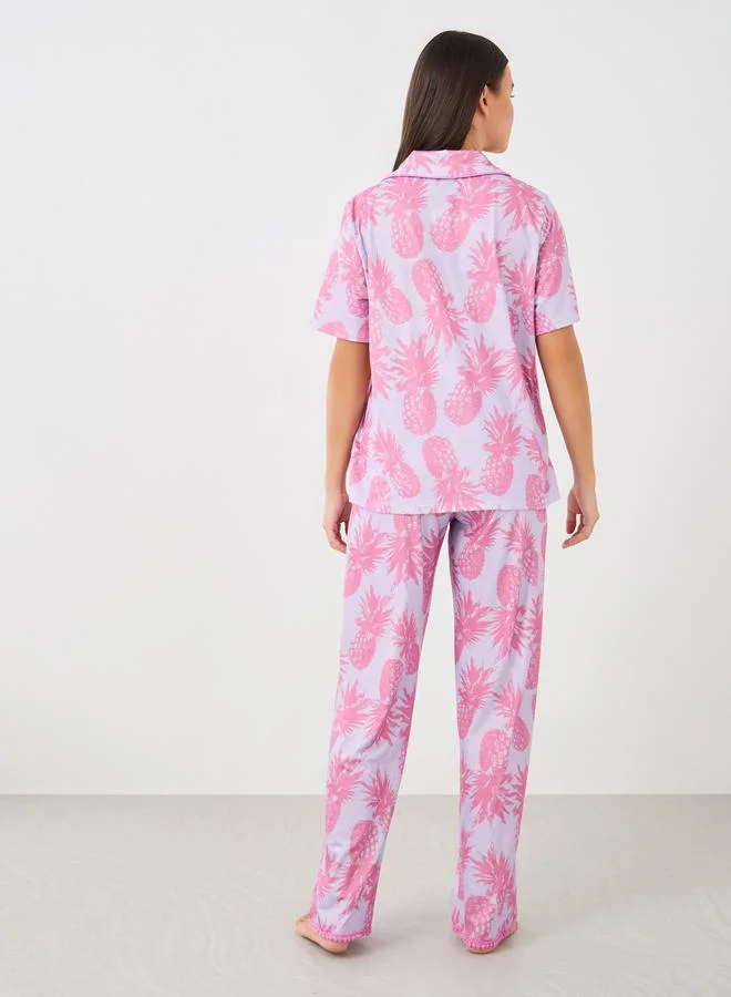 Styli Styli All-Over Pineapple Print Pompom Pocket Shirt and Pyjama Set