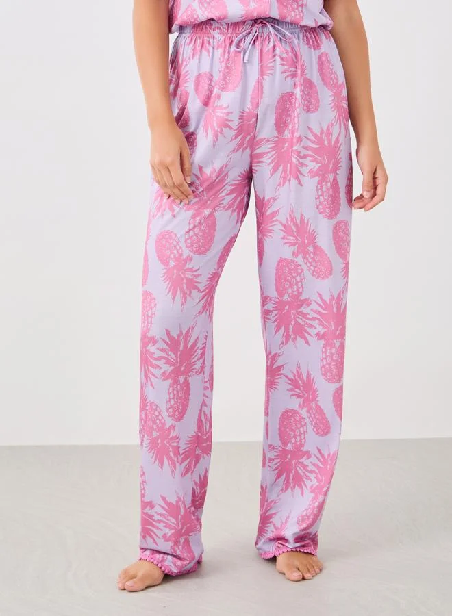 Styli Styli All-Over Pineapple Print Pompom Pocket Shirt and Pyjama Set