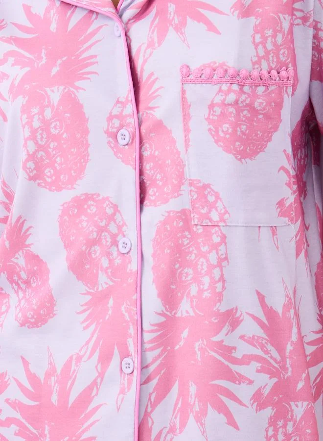 Styli Styli All-Over Pineapple Print Pompom Pocket Shirt and Pyjama Set
