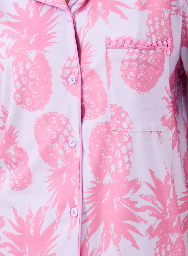 Styli Styli All-Over Pineapple Print Pompom Pocket Shirt and Pyjama Set  - Image 4