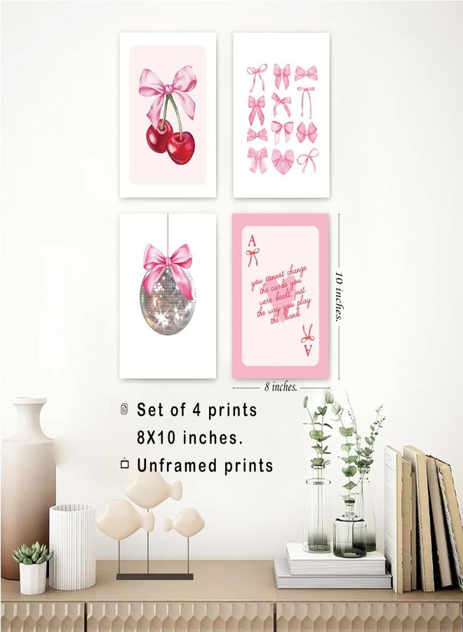 okaxscm Pink Coquette Bow Trendy Preppy Wall Art Prints Set of 4, Coquette Room Decor, Preppy Room Dorm Decor Aesthetic, Pink Bow Cherry Disco Ball Wall Decor Posters for Girls Bedroom, 8x10 Unframed - Image 3