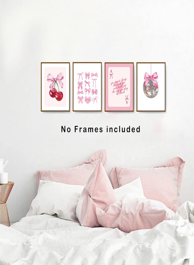 okaxscm Pink Coquette Bow Trendy Preppy Wall Art Prints Set of 4, Coquette Room Decor, Preppy Room Dorm Decor Aesthetic, Pink Bow Cherry Disco Ball Wall Decor Posters for Girls Bedroom, 8x10 Unframed - Image 4