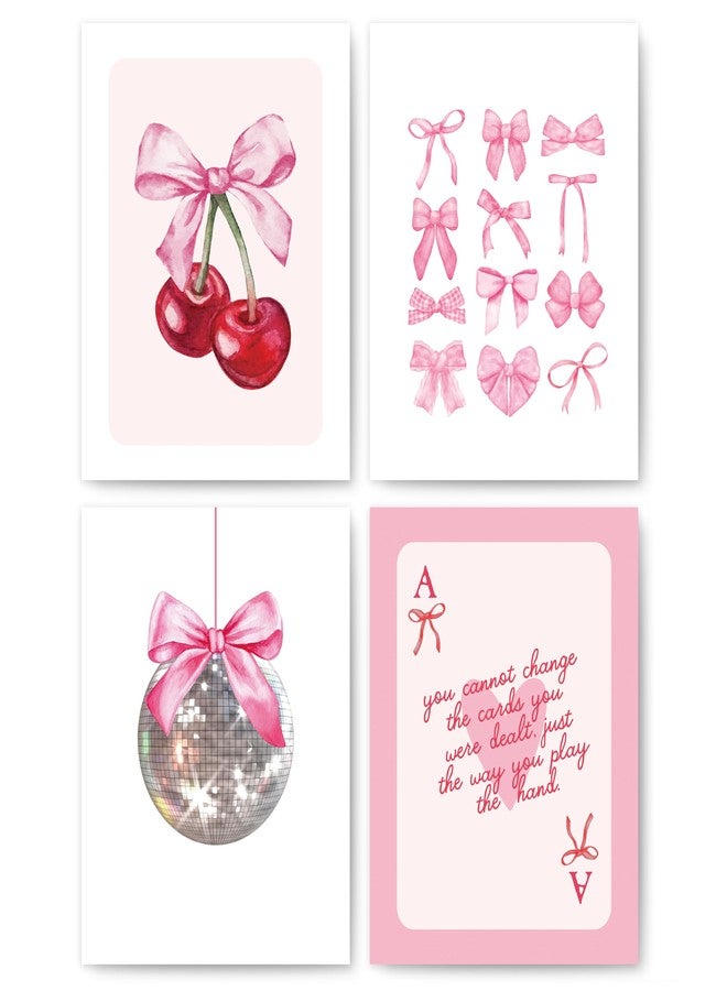 okaxscm Pink Coquette Bow Trendy Preppy Wall Art Prints Set of 4, Coquette Room Decor, Preppy Room Dorm Decor Aesthetic, Pink Bow Cherry Disco Ball Wall Decor Posters for Girls Bedroom, 8x10 Unframed - Image 1
