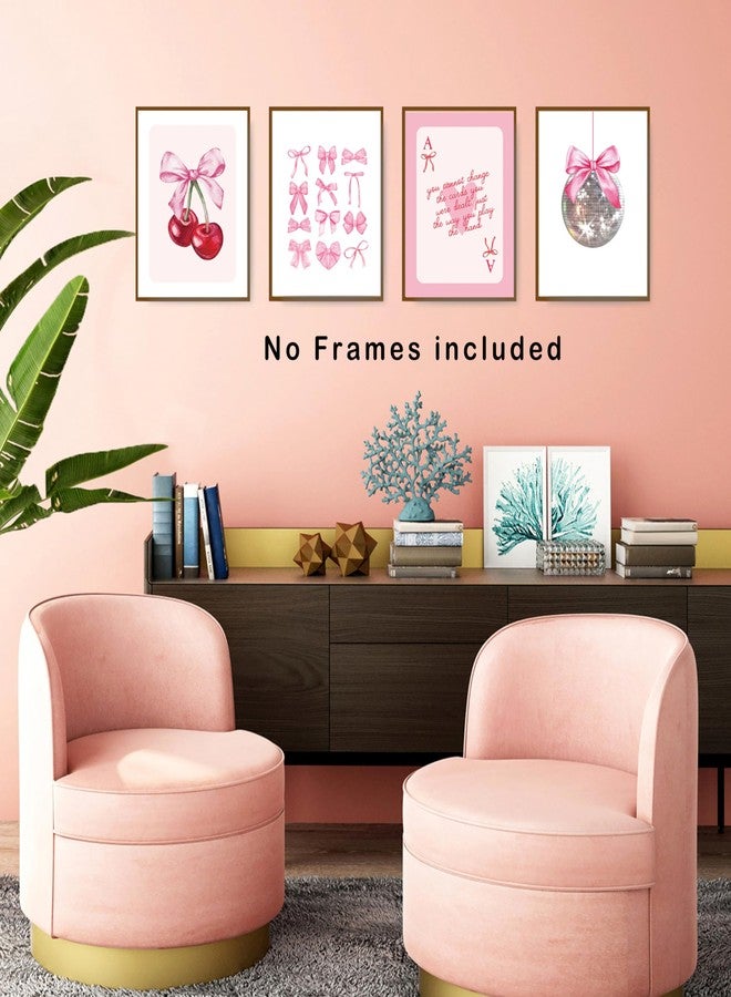 okaxscm Pink Coquette Bow Trendy Preppy Wall Art Prints Set of 4, Coquette Room Decor, Preppy Room Dorm Decor Aesthetic, Pink Bow Cherry Disco Ball Wall Decor Posters for Girls Bedroom, 8x10 Unframed - Image 5
