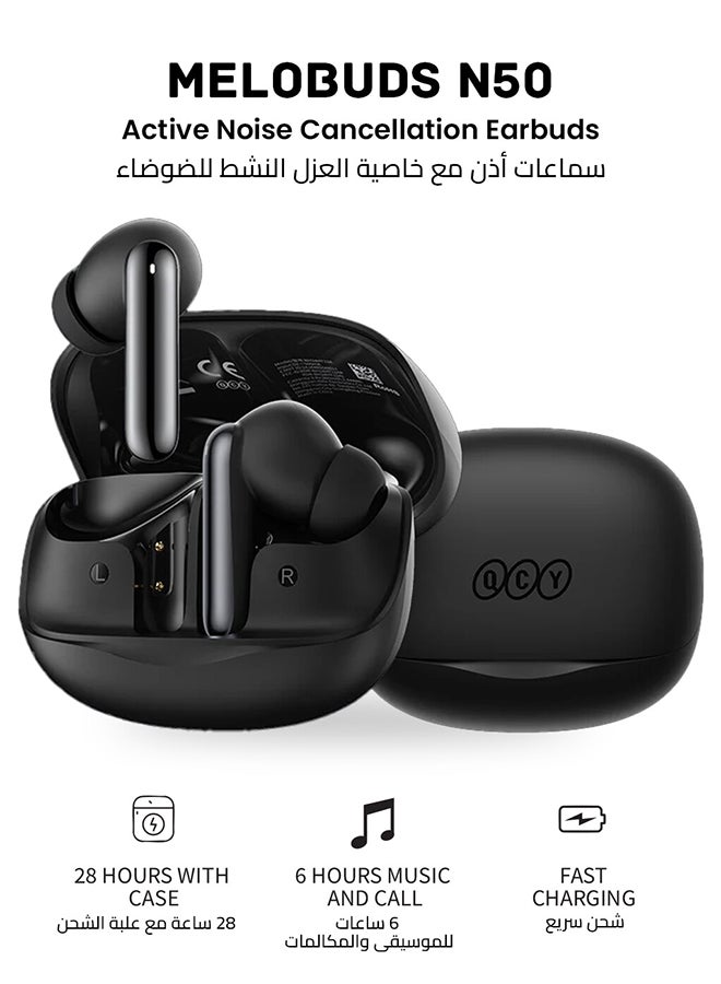 TWS MeloBuds N50, Wireless Earphone, Bluetooth Earbuds with Active Noise Cancellation, Ultra Low Latency For Gaming, 28 Hrs Long Battery Life, Touch Controls and IPX5 Water Resistance Black