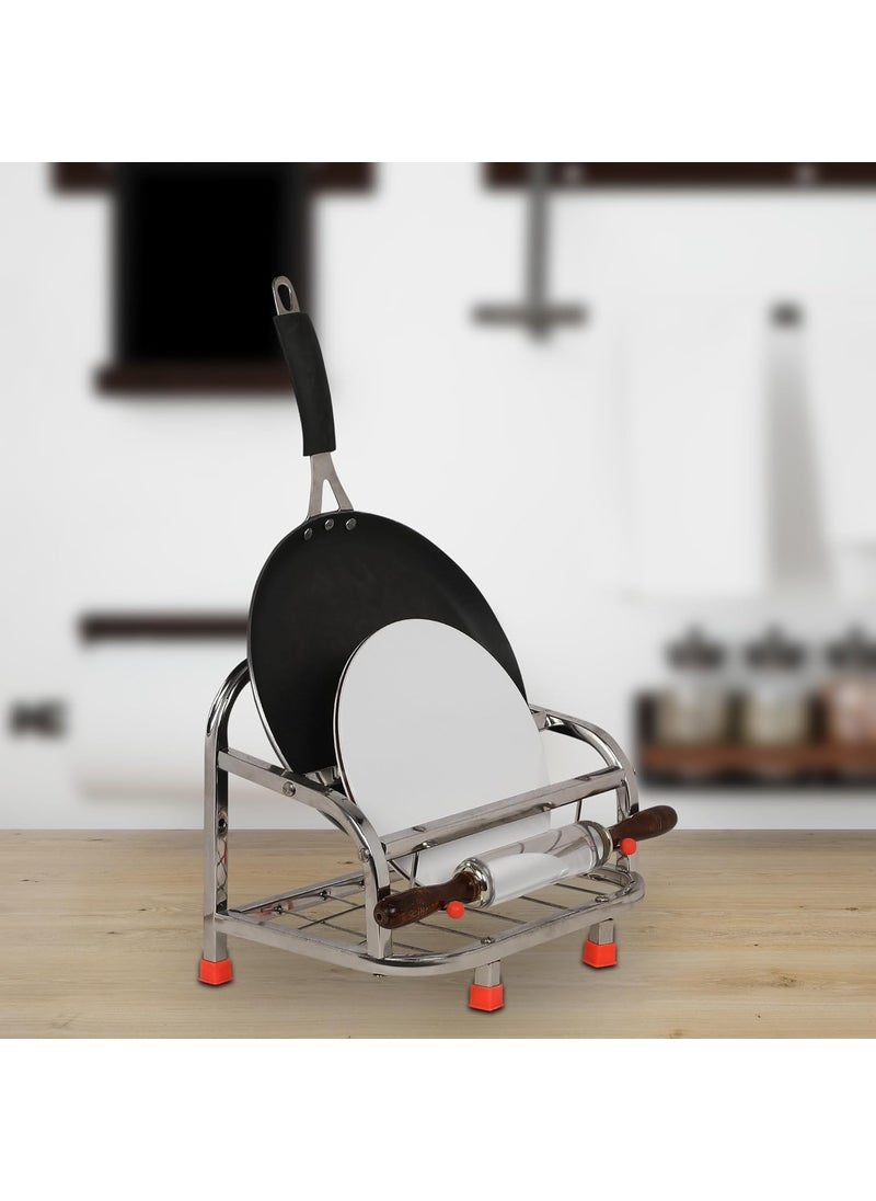 ROLLYWARE Rollyware 100 Stainless Steel Belan and Chakla Stand Belan Tawa Chimta Rolling Pin Holder Lightweight Durable Chakla Holder for Kitchen 4in1 Kitchen Rack  - Image 5