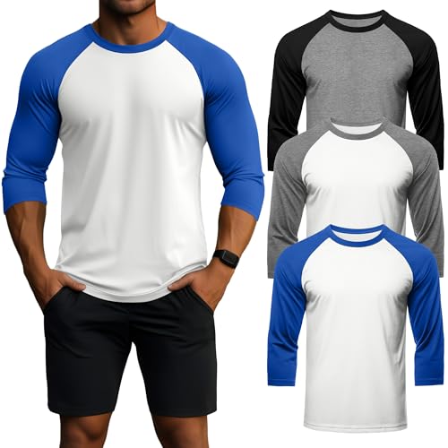Huukeay 3 Pack Men's 3/4 Sleeve Shirts Crew Neck Baseball T Shirts Moisture Wicking Athletic Tops(Light Mix Gray/Black, White/Light Mix Gray, White/Royal Blue,Large) - Image 1