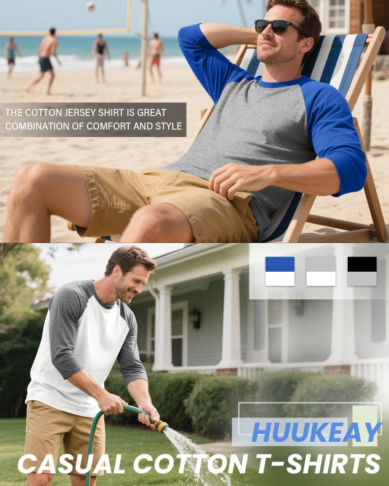 Huukeay 3 Pack Men's 3/4 Sleeve Shirts Crew Neck Baseball T Shirts Moisture Wicking Athletic Tops(Light Mix Gray/Black, White/Light Mix Gray, White/Royal Blue,Large) - Image 5