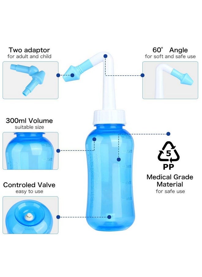 Hannea - 300 Ml Neti Pots For Sinus Nose Wash Cleaner Pressure Rinse Nasal Irrigation Bpa Free With 30 Nasal Wash Salt Packets And Sticker Jal Neti For Adults Children Nose Care - Image 1