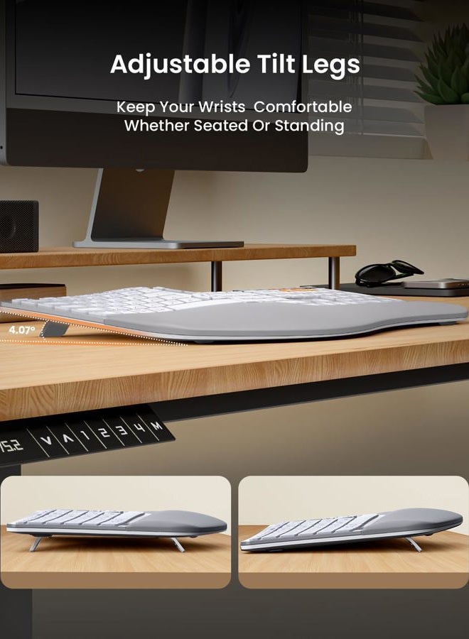 ProtoArc Ergonomic Wireless Keyboard Mouse, EKM01 Plus Full Size Ergo Bluetooth Keyboard Mouse Combo, Split Design, Wrist Rest, Multi-Device, Rechargeable, for Windows/Mac OS - White and Silver - Image 4