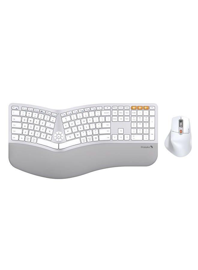 ProtoArc Ergonomic Wireless Keyboard Mouse, EKM01 Plus Full Size Ergo Bluetooth Keyboard Mouse Combo, Split Design, Wrist Rest, Multi-Device, Rechargeable, for Windows/Mac OS - White and Silver - Image 1