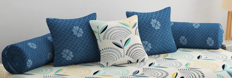 SHOMES Pure Cotton Printed Diwan Set Covers 6 Pieces for Living Room - 1 Single Bed Sheet with 3 Cushion Covers, 2 Bolster Covers - Color Cream Blue, Size Standard (Set of 6 Pcs) - Image 2