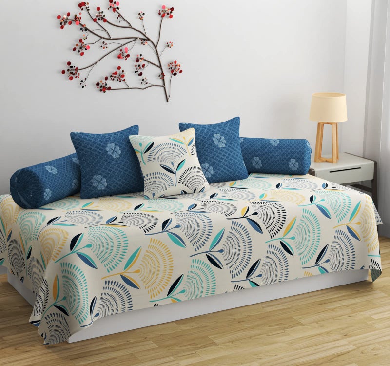 SHOMES Pure Cotton Printed Diwan Set Covers 6 Pieces for Living Room - 1 Single Bed Sheet with 3 Cushion Covers, 2 Bolster Covers - Color Cream Blue, Size Standard (Set of 6 Pcs) - Image 1