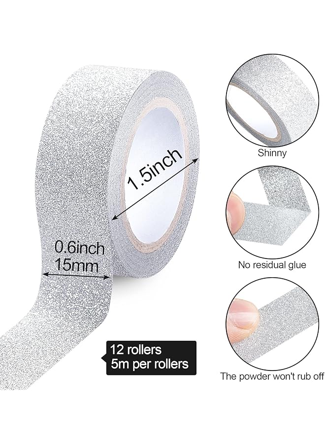 إيروريكس مجموعة شرائط واشي لامعة فضية مكونة من 12 لفة من شريط الحرف اليدوية وشريط لاصق لامع لتزيين المهرجانات وسجلات القصاصات والمجلات ومخططات تغليف الهدايا بعرض 0.6 بوصة - Image 2