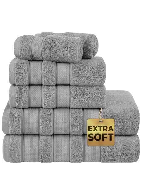 6-Piece Towel Set 100% Turkish Genuine Cotton Super Soft & Absorbent Luxury Hotel Quality 600 GSM Cotton Bathroom Towels, 2 Bath Towels, 2 Hand Towels, 2 Washcloths, Light Grey
