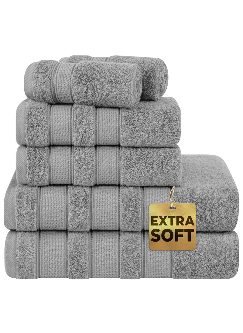 Safi Plus 6-Piece Towel Set 100% Turkish Genuine Cotton Super Soft & Absorbent Luxury Hotel Quality 600 GSM Cotton Bathroom Towels, 2 Bath Towels, 2 Hand Towels, 2 Washcloths, Light Grey  - Image 1