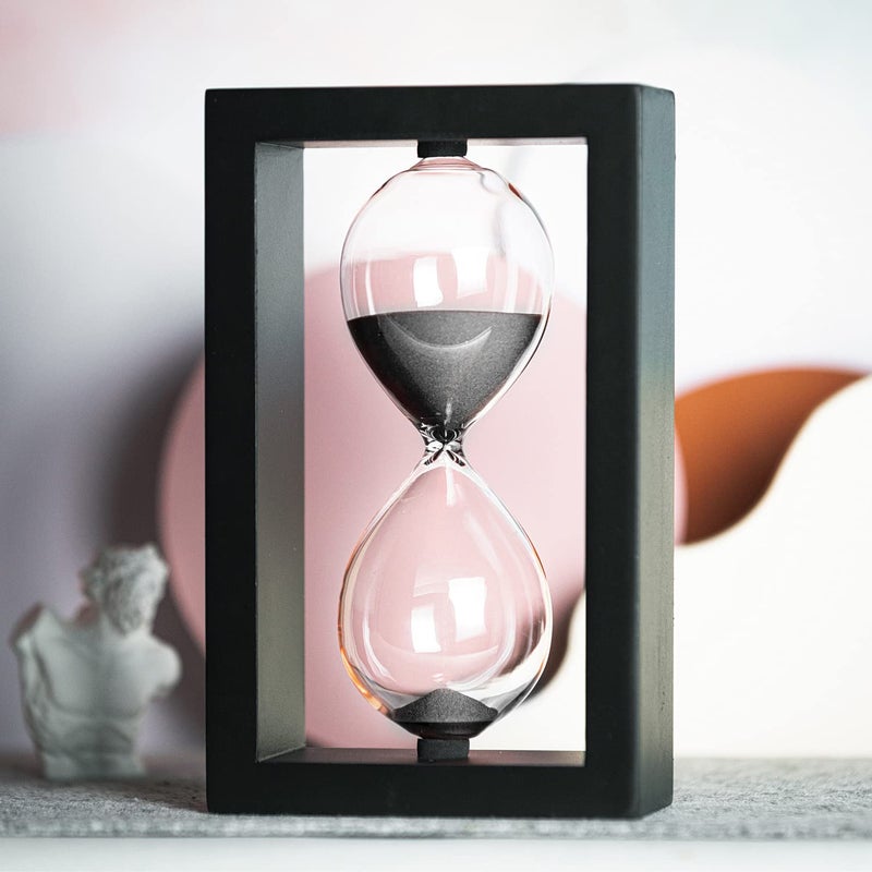 SAMLONG Hourglass 60 Minute Decorative Sand Timer Black Wooden Frame Black Sand Clock