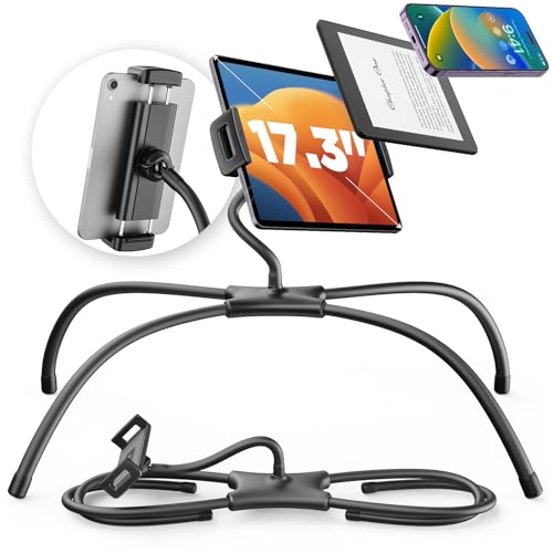 SAIJI iPad Stand, Adjustable Ergonomic Tablet Holder for Bed, Kindle Stand for Reading in Bed Fit for Tablet, Phone, Kindle, Portable Monitor, Switch and More 4.7"-17.3" Devices (Black) - Image 1