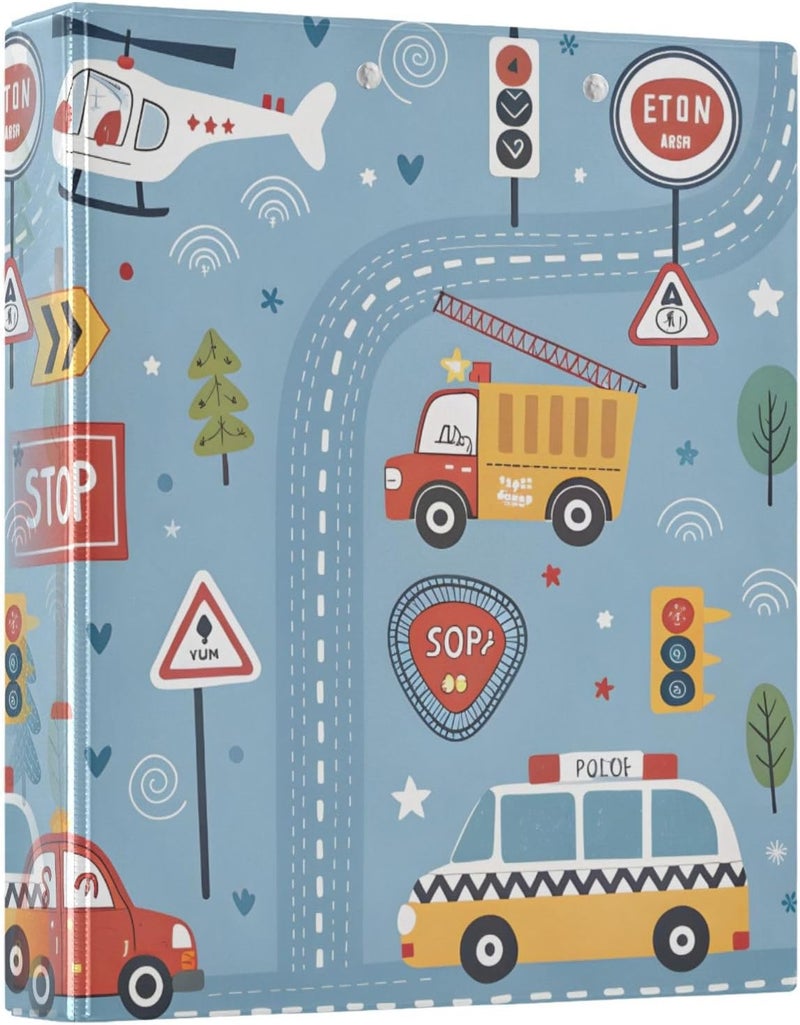 مجلدات Kigai Cartoon Vehicles ذات 3 حلقات، متينة ومناسبة لأوراق بحجم 8.5×11 بوصة، مزودة بجيوب داخلية للمستندات المكتبية - Image 1