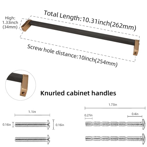 POVEFONK 6 Pack 10 Inch 254mm Black and Champagne Bronze Kitchen Cabinet Handles Knurled Cabinet Pulls Black Drawer Pulls Kitchen Cabinet Hardware Handles Dresser Handles - Image 3