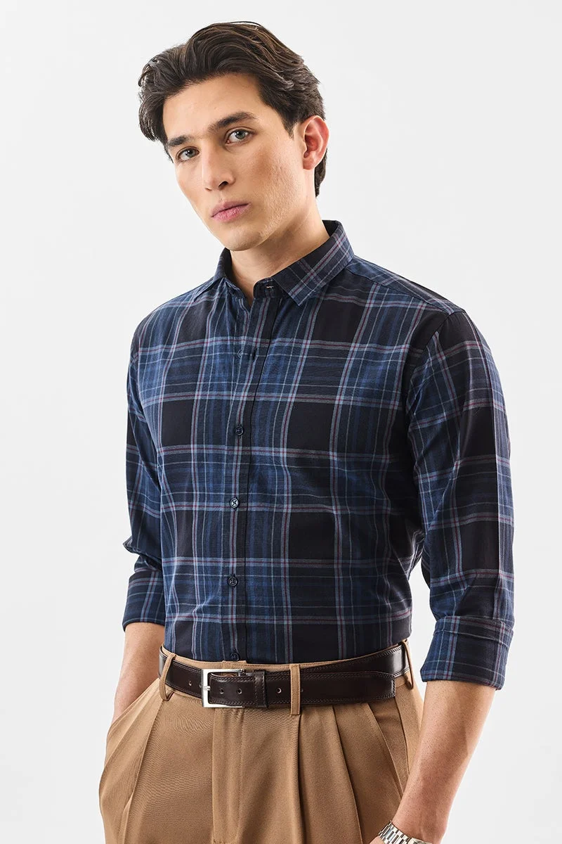 سنيتش Dark Blue Checkered Long Sleeve Slim Fit Formal Luxe Shirt
