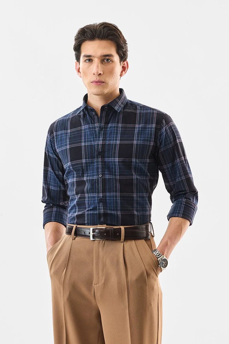 سنيتش Dark Blue Checkered Long Sleeve Slim Fit Formal Luxe Shirt
