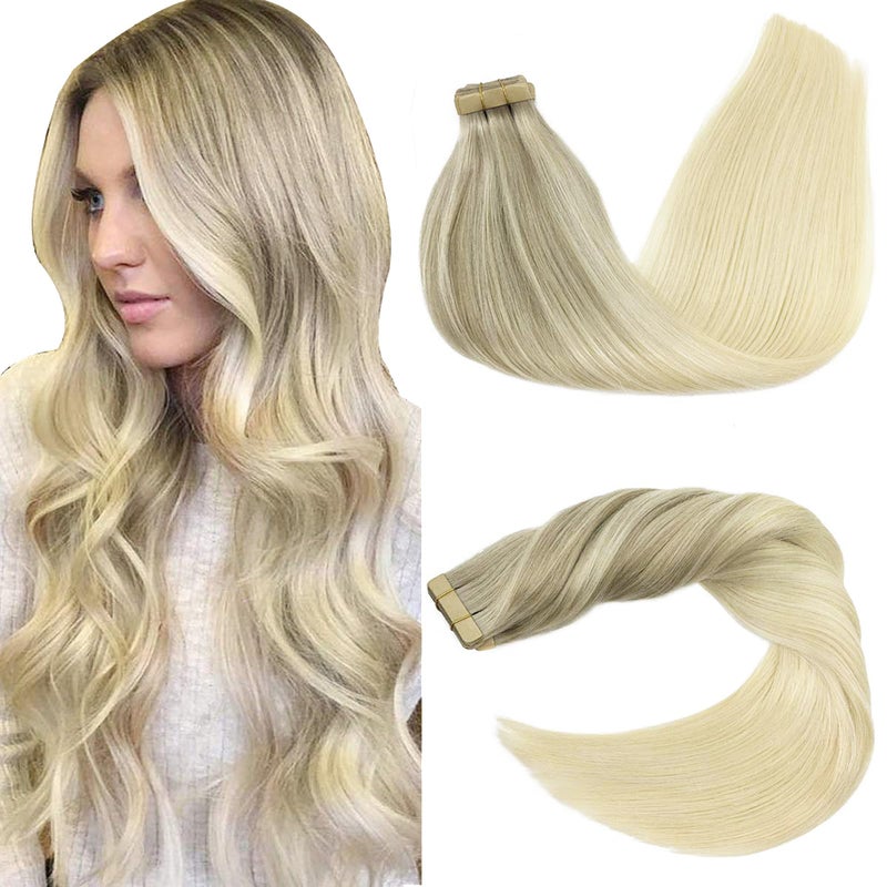 GOO GOO Tape in Hair Extensions Human Hair 172260 Ash Blonde to Golden Blonde and Platinum Blonde 22inch 50g 20pcs Skin Weft Seamless Invisible Silky Straight with Thick Ends Remy Human Hair