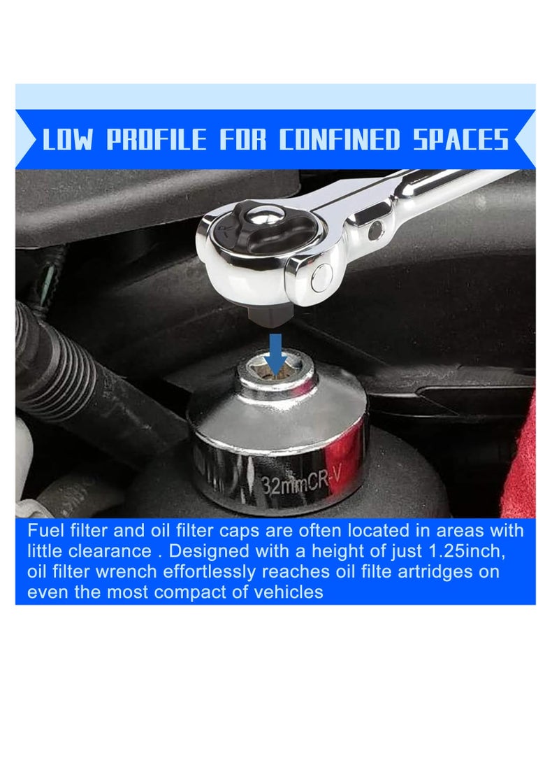 Excefore Automotive 32mm 6-point Oil Filter Wrench, 3/8" Drive Low-profile Oil Pan Disassembly Tools, Oil Pan Filter Special Socket Wrench, Universal Remove Cars with 32mm Oil Filter Cap (Silver) - Image 4