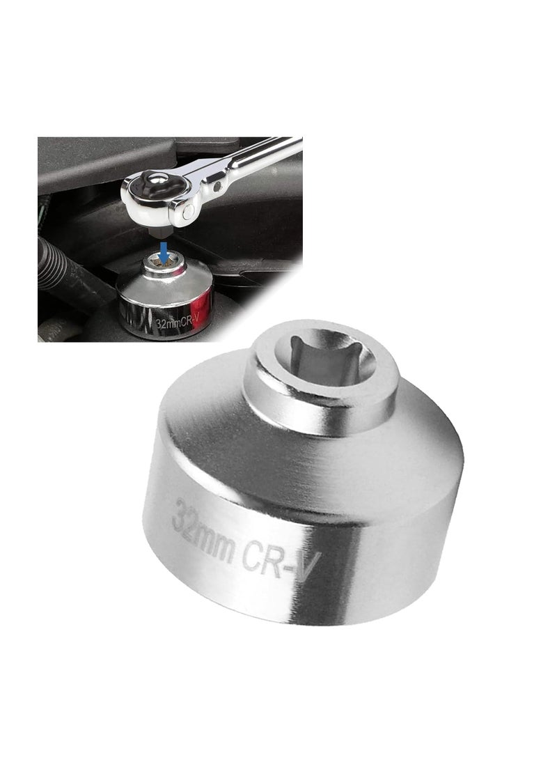 Excefore Automotive 32mm 6-point Oil Filter Wrench, 3/8" Drive Low-profile Oil Pan Disassembly Tools, Oil Pan Filter Special Socket Wrench, Universal Remove Cars with 32mm Oil Filter Cap (Silver) - Image 1
