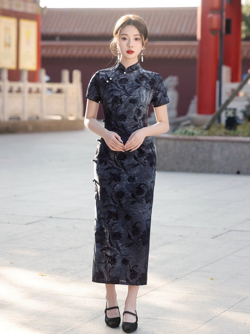 Shanghai Style Long Qipao Spring 2024 Elegant Short-Sleeve Dress Black  - Image 1