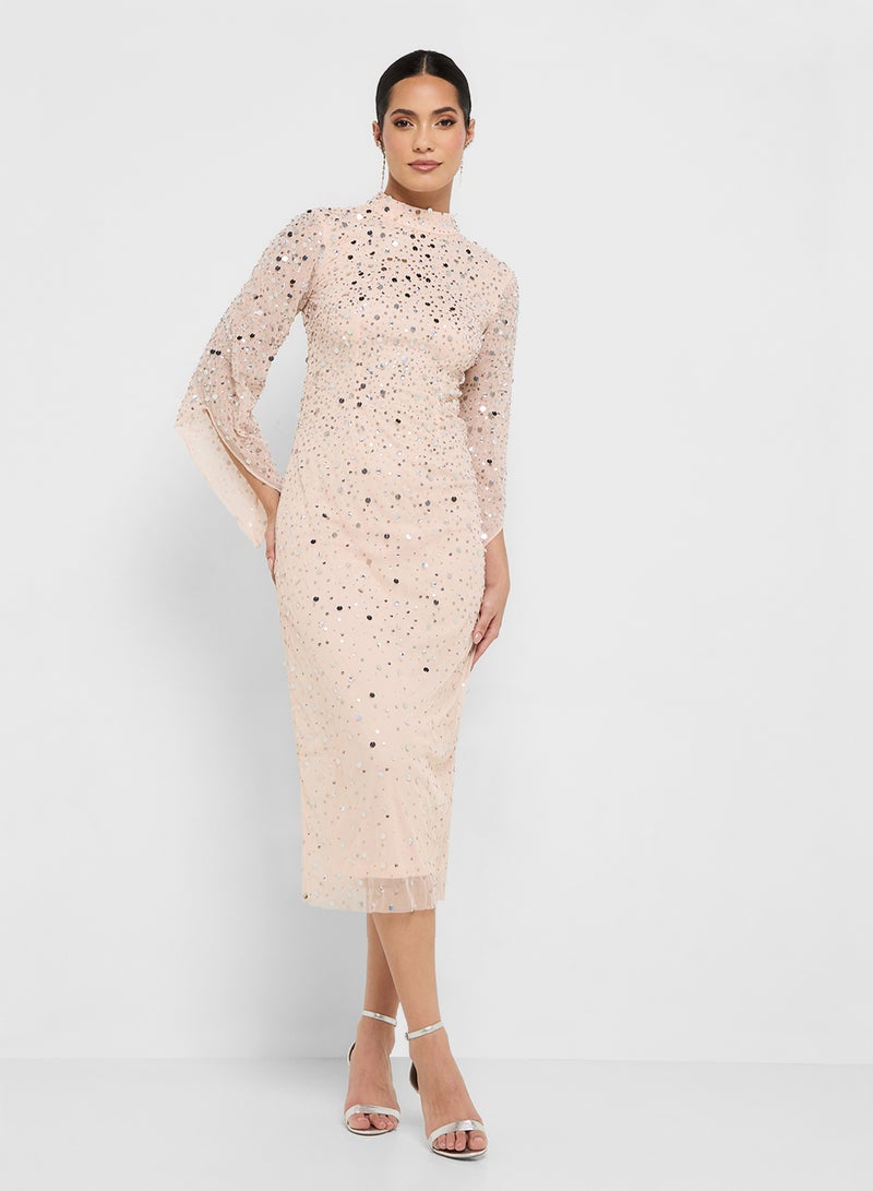 Amelia Rose Flared Sleeve Embellished Midi Dress - Image 4