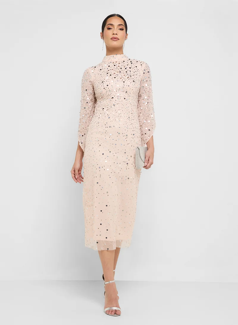 Amelia Rose Flared Sleeve Embellished Midi Dress