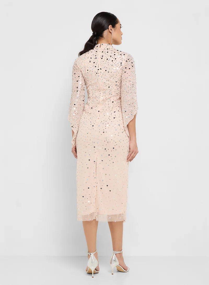 Amelia Rose Flared Sleeve Embellished Midi Dress
