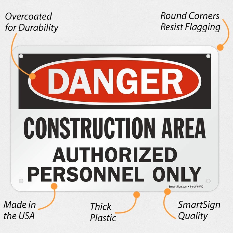 SmartSign - U9-1369-NP_7x10 "Danger - Construction Area, Authorized Personnel Only" Sign | 7" x 10" Plastic Black/Red on White - Image 2