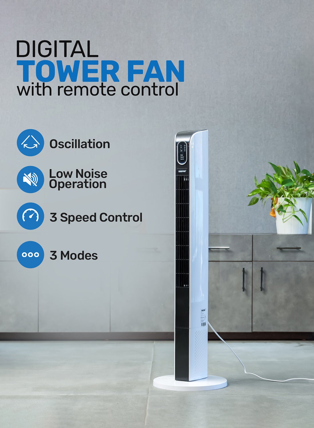 Digital Tower Fan| With Silent, Smooth and Safe Operation| Automatic Oscillation Function and Wide Range, 3 Speeds: Low, Middle and High| Ideal For Home, Office, Garage, Apartment| 2 Years Warranty GF21167 White, Black