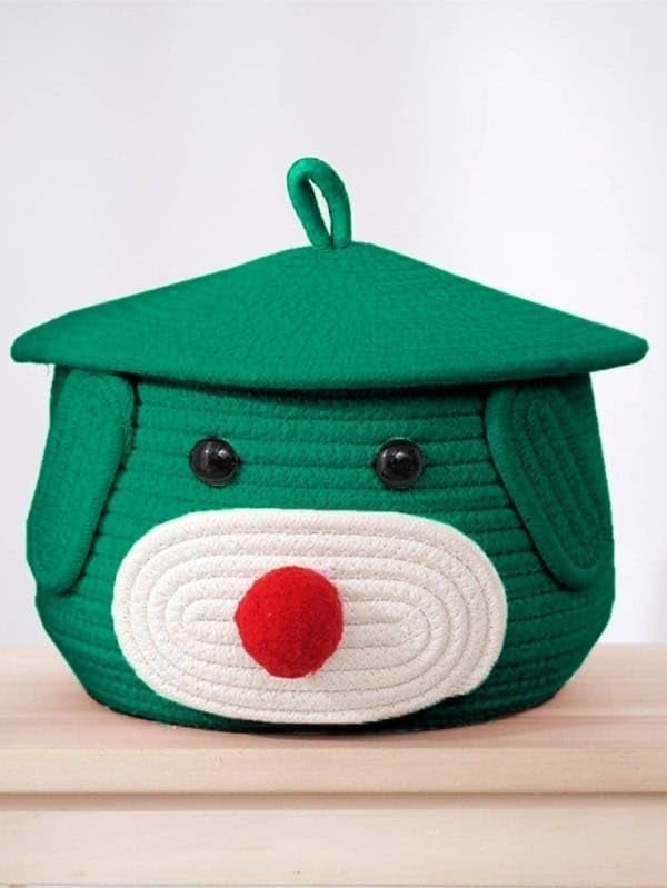 BUNAII Jute Cotton Cute Bear Hand Woven Fruit basket, storage basket, Oraganizer Box For jewellery, toys, cosmetics and for multipurpose uses with cap (GREEN) Pack of 1 (11 x 11 x 7) Inches  - Image 1