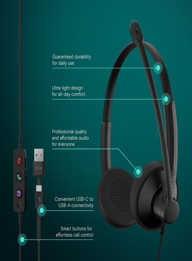 إبوس سماعة رأس ستيريو EPOS Impact 100 MS Teams USB-C+A مع ميكروفون، معتمدة من مايكروسوفت تيمز، خاصية إلغاء الضوضاء، تصميم خفيف الوزن، محول USB، سماعات رأس للأعمال، وسادات أذن ناعمة، أسود - Image 2