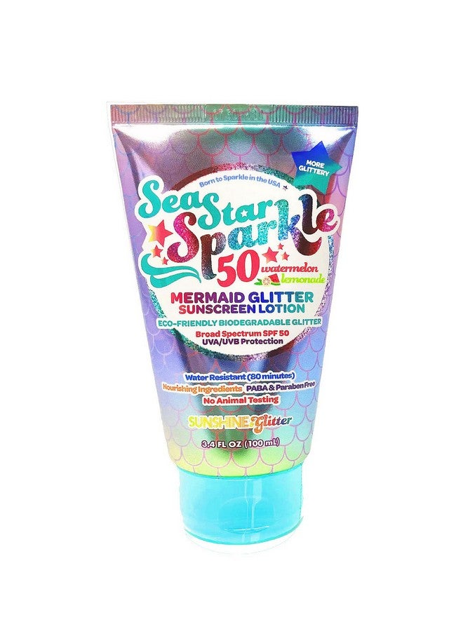 Sunshine & Glitter Sea Star Sparkle Biodegradable Glitter Sunscreen Spf 50 Mermaid Watermelon Lemonade Water Resistant Vegan & Cruelty Free Tsa Approved Travel Ready 3.4 Oz… - Image 1