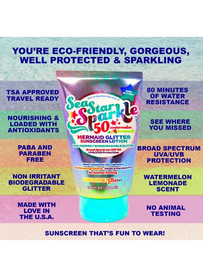 Sunshine & Glitter Sea Star Sparkle Biodegradable Glitter Sunscreen Spf 50 Mermaid Watermelon Lemonade Water Resistant Vegan & Cruelty Free Tsa Approved Travel Ready 3.4 Oz… - Image 3