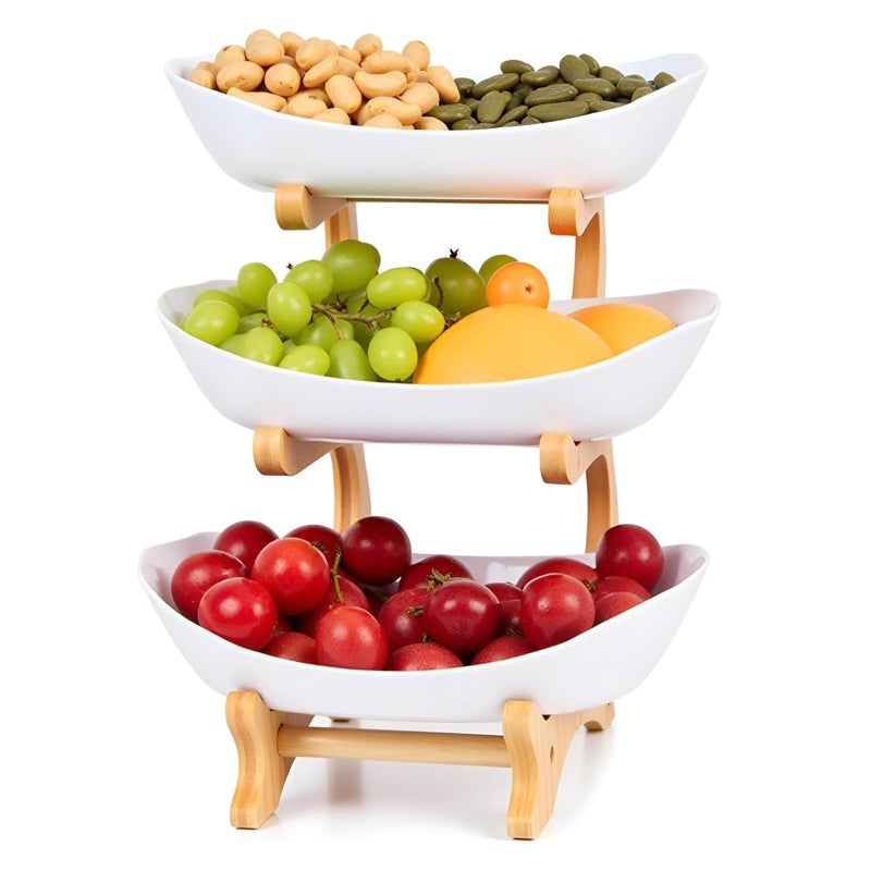 VKSG Fruit Bowl for Kitchen Counter, 3 Tier Plastic Serving Bowls with Bamboo Stand, Tiered Fruit Basket for Fruits Vegetable Storage, Cake, Dessert, Nuts, Snack, Salad for Party Wedding - Image 1
