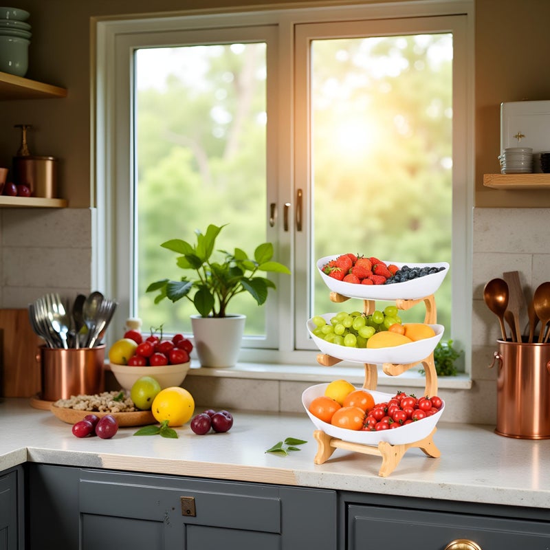 VKSG Fruit Bowl for Kitchen Counter, 3 Tier Plastic Serving Bowls with Bamboo Stand, Tiered Fruit Basket for Fruits Vegetable Storage, Cake, Dessert, Nuts, Snack, Salad for Party Wedding - Image 4