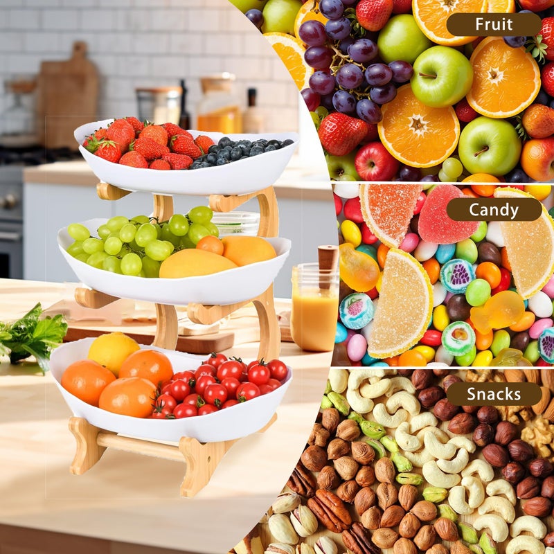 VKSG Fruit Bowl for Kitchen Counter, 3 Tier Plastic Serving Bowls with Bamboo Stand, Tiered Fruit Basket for Fruits Vegetable Storage, Cake, Dessert, Nuts, Snack, Salad for Party Wedding - Image 5