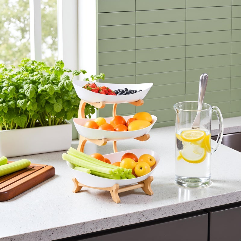 VKSG Fruit Bowl for Kitchen Counter, 3 Tier Plastic Serving Bowls with Bamboo Stand, Tiered Fruit Basket for Fruits Vegetable Storage, Cake, Dessert, Nuts, Snack, Salad for Party Wedding - Image 2