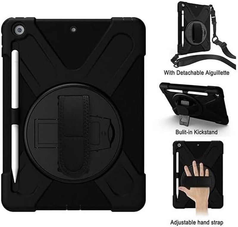 موتيم جراب دوار خارجي مع حامل قلم وحزام كتف من السيليكون لجهاز iPad 2021 مقاس 10.2 بوصة، أسود - Image 2
