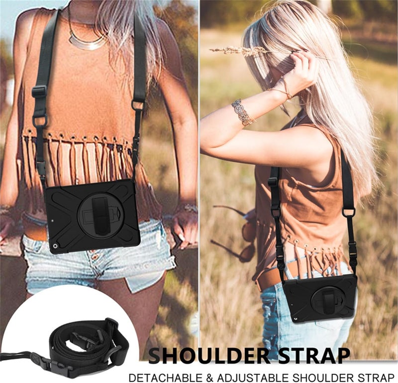 موتيم جراب دوار خارجي مع حامل قلم وحزام كتف من السيليكون لجهاز iPad 2021 مقاس 10.2 بوصة، أسود - Image 5